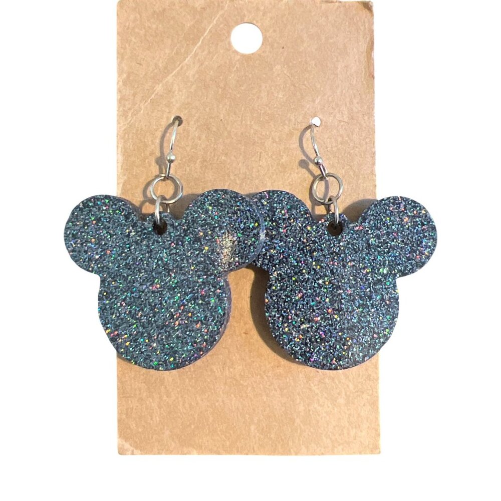 Black Glitter Resin Mickey Mouse Head Earrings Dangle Hooks 1.75" New on Card